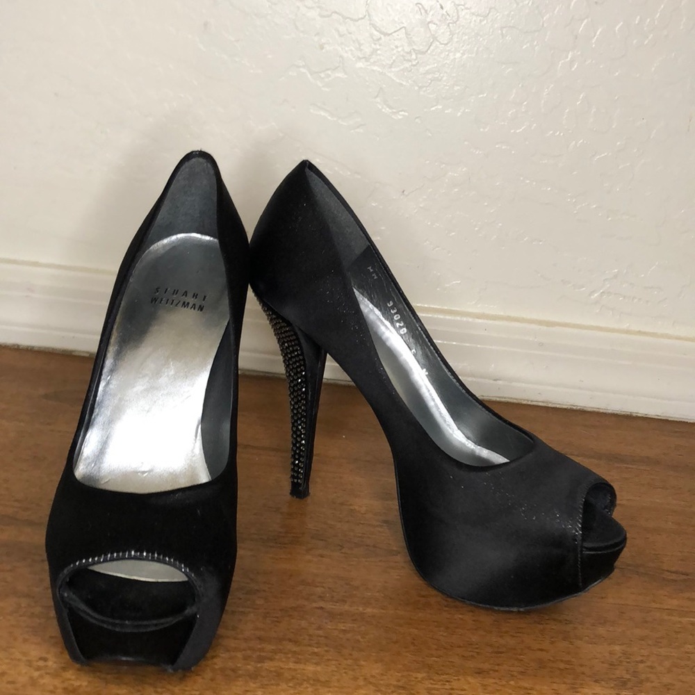 Stuart Weitzman, Black Silver Satin Peep Toe Rhinestone Heels, size 6.